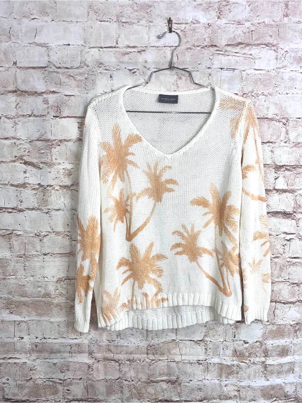 Wooden Ships Lightweight V-neck Knit Palm Tree Print Sweater Size XS